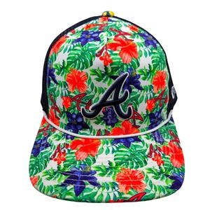 New Era Atlanta Braves MLB Floral Hibiscus Trucker Snapback Hat Navy Blue Mesh